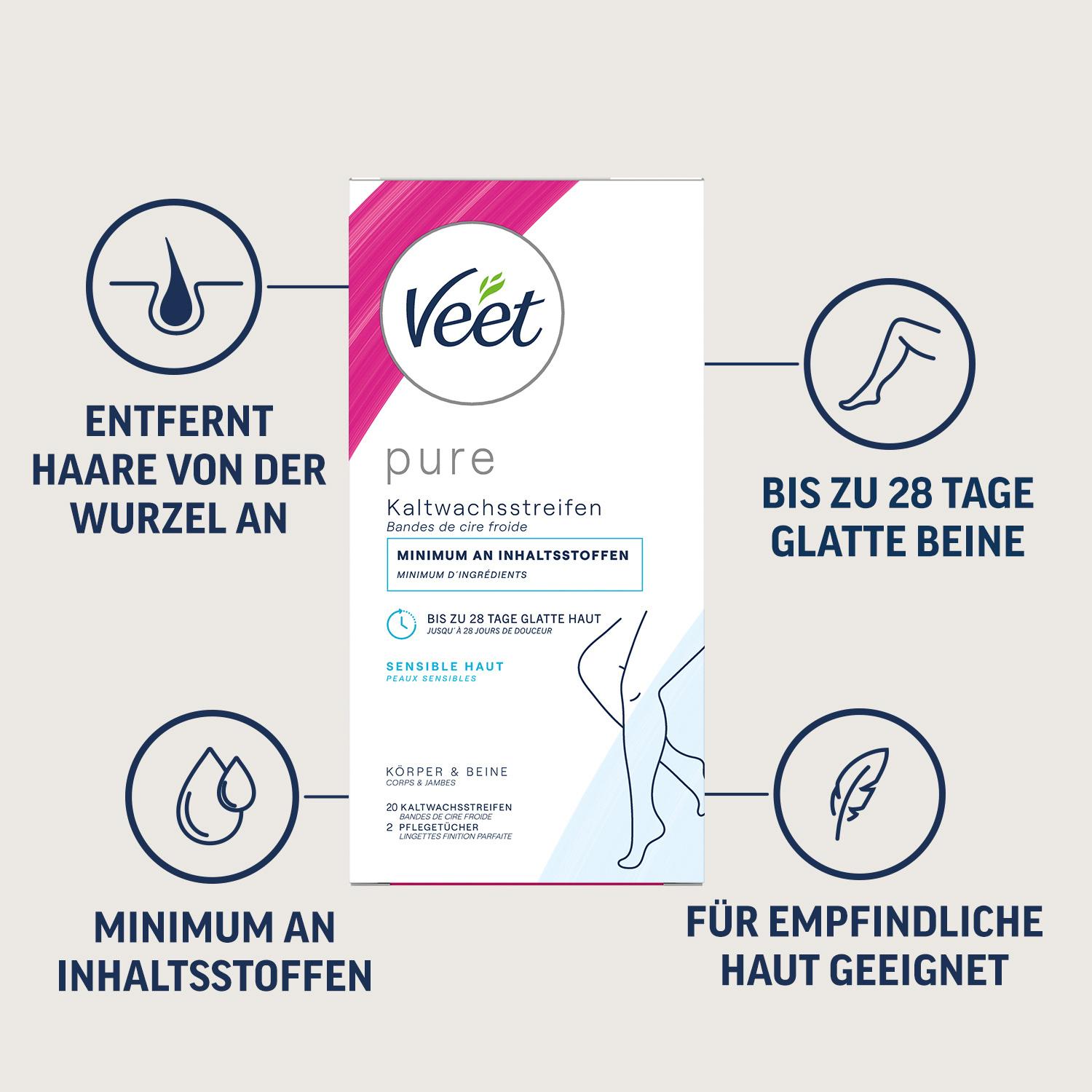 Produktbild Veet PURE Kaltwachsstreifen Sensible Haut Körper + Beine 2 von 6
