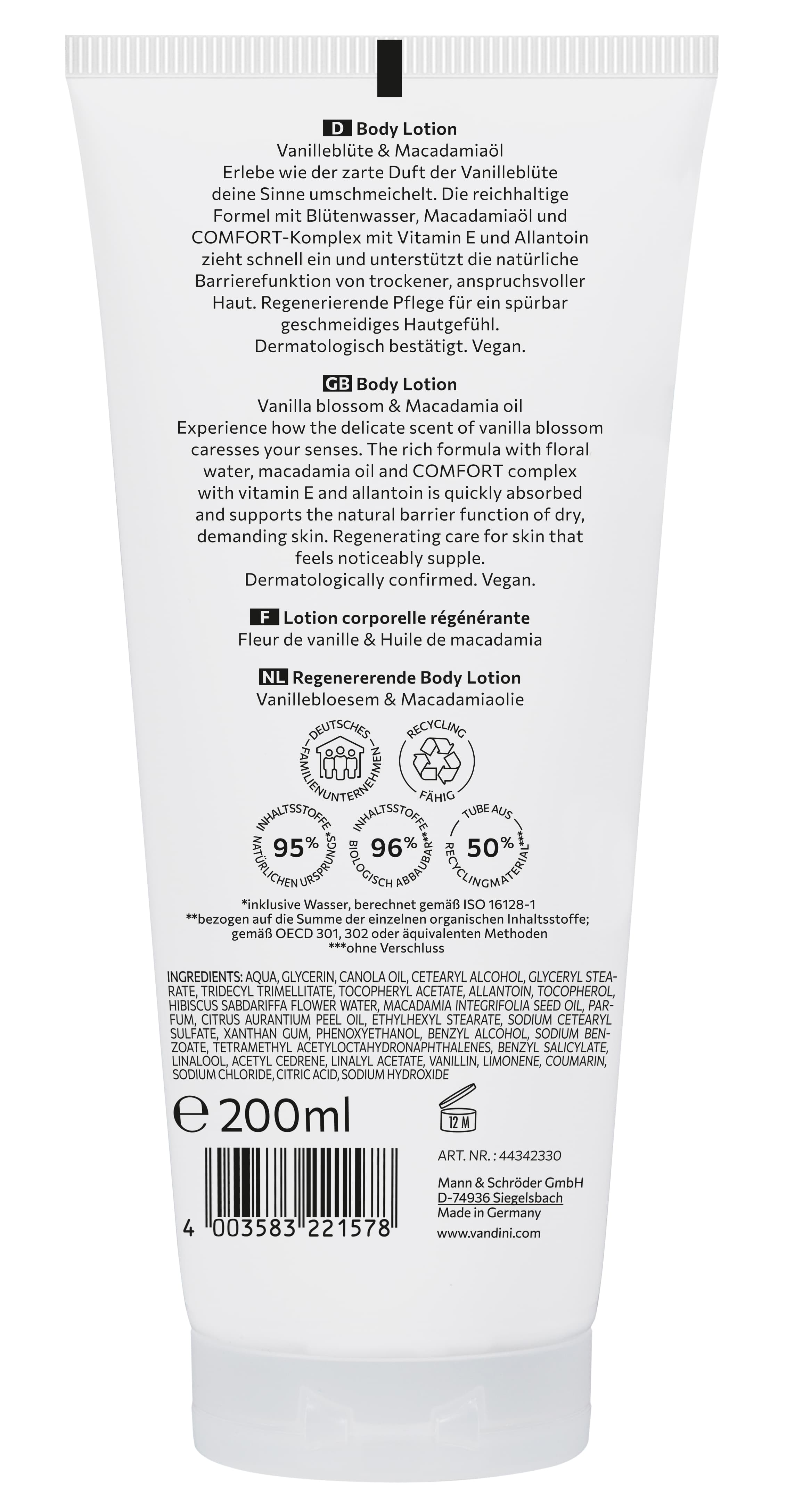Produktbild VANDINI Comfort Vanilleblüte & Macadamiaöl Body Lotion 2 von 2