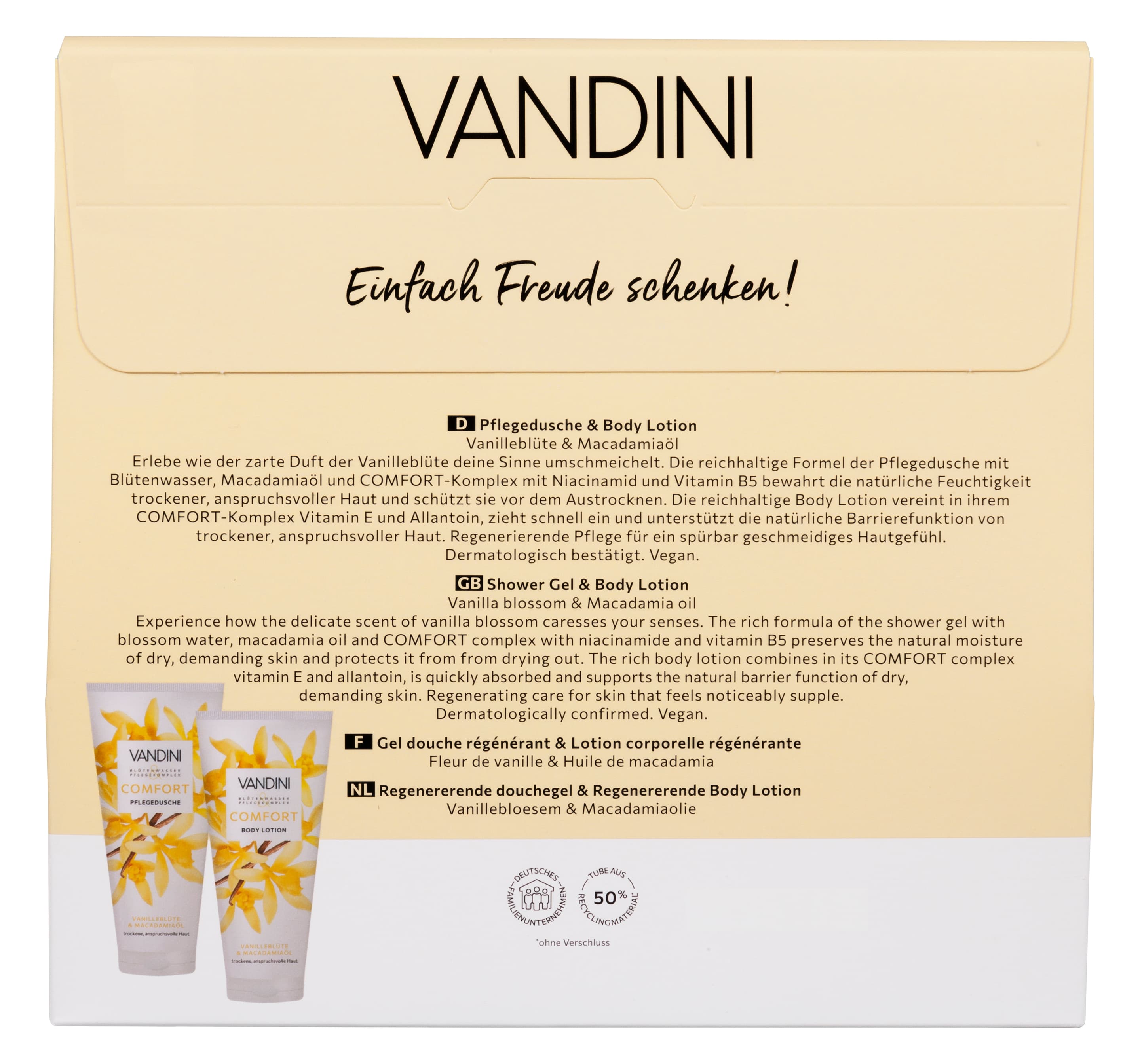 Produktbild VANDINI Comfort Vanilleblüte & Macadamiaöl Geschenkpackung 2 von 2