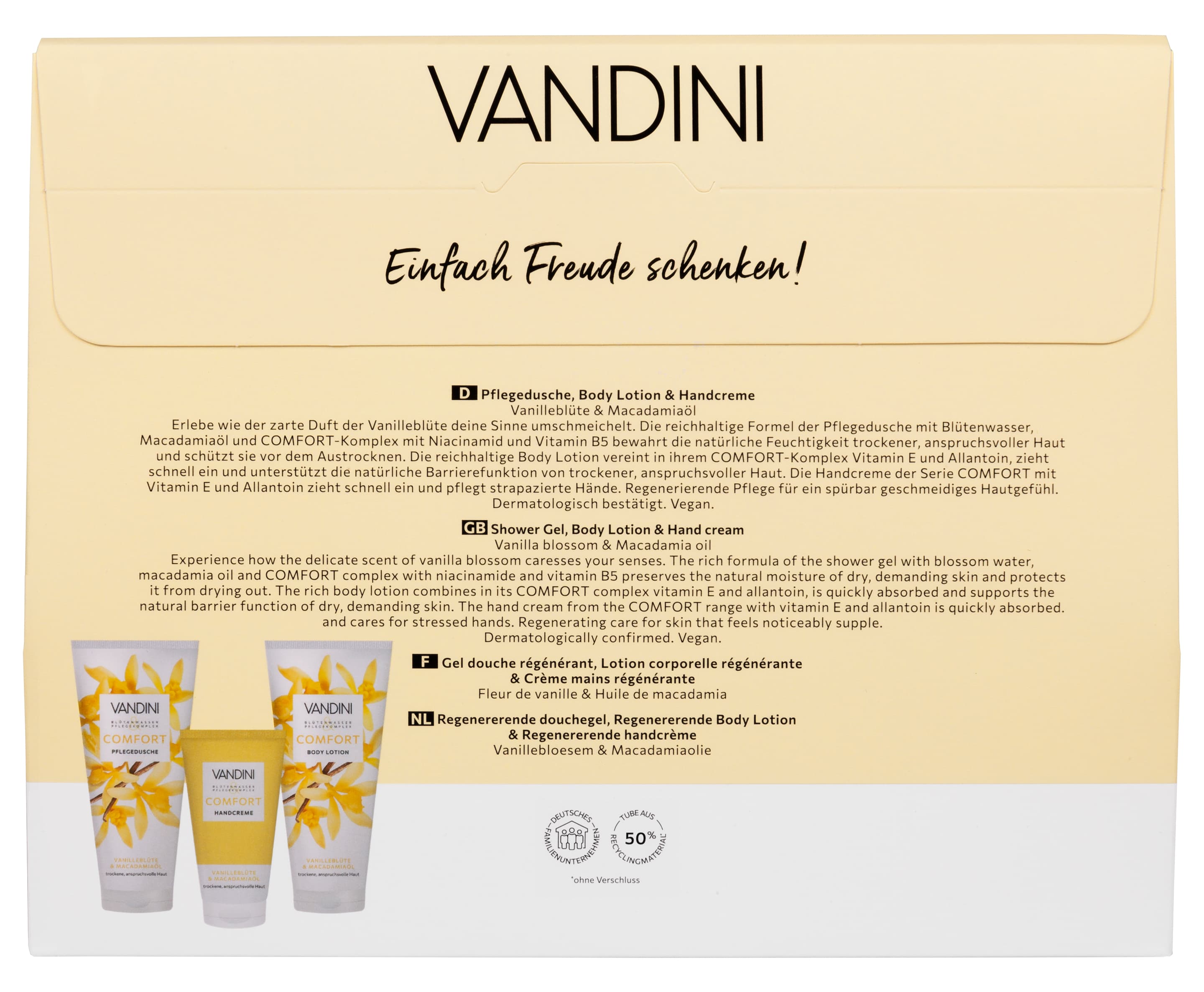 Produktbild VANDINI Comfort Vanilleblüte & Macadamiaöl Geschenkpackung 2 von 2