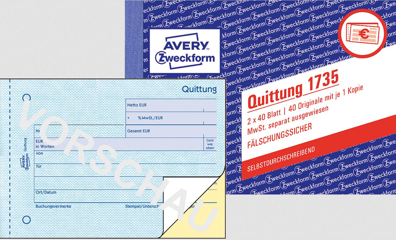 AVERY Zweckform Quittung 1735, MwSt. separat ausgewiesen, 1.&2.Blatt bedr., SD, DIN A6 quer