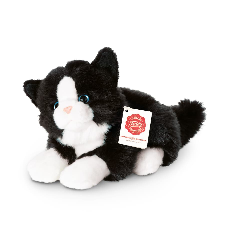 Teddy-Hermann - Katze liegend schwarz/weiß, 20 cm