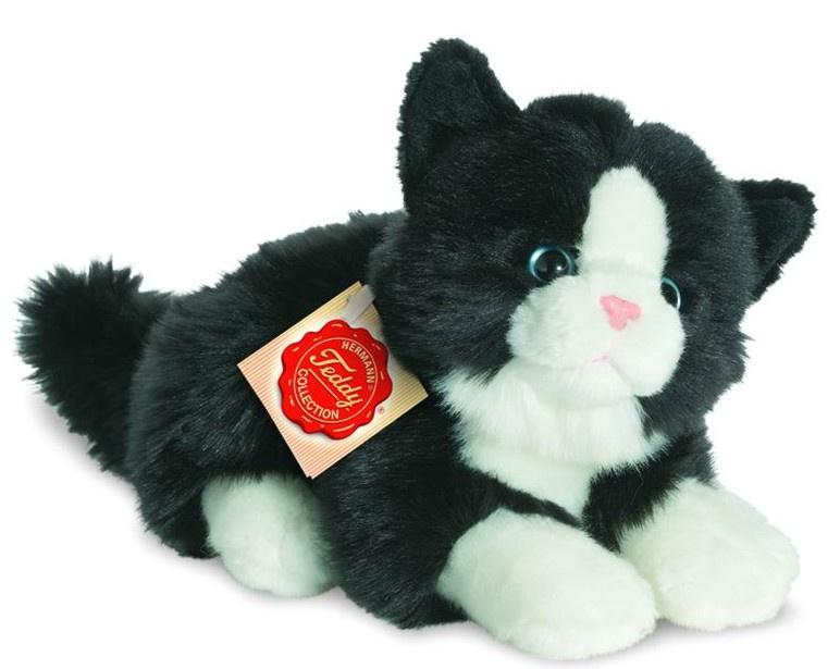 Teddy-Hermann - Katze liegend schwarz/weiß, 20 cm