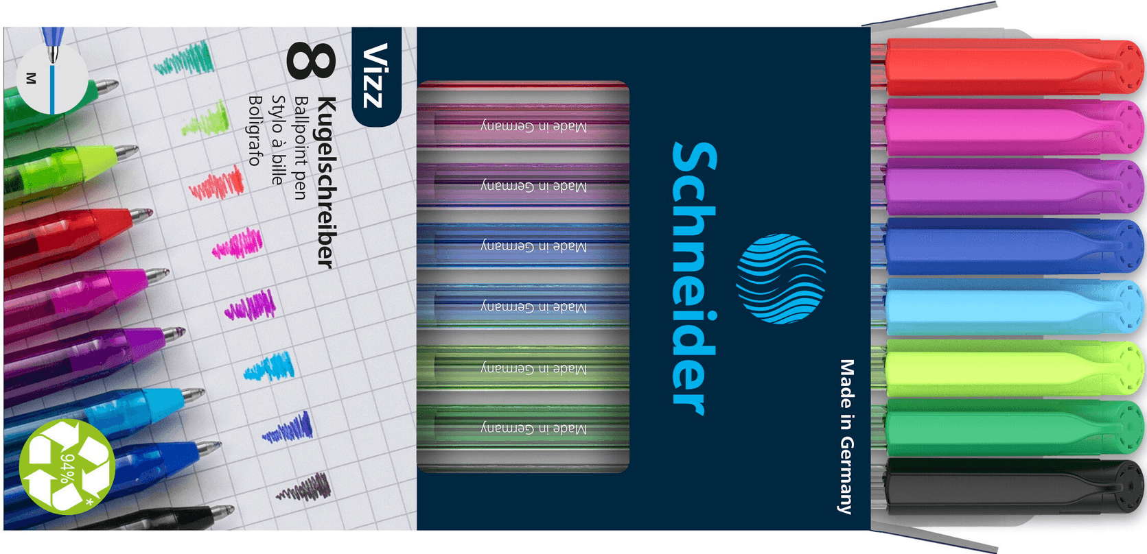 Schneider Kugelschreiber Vizz, M, sortiert, 8er Karton-Etui