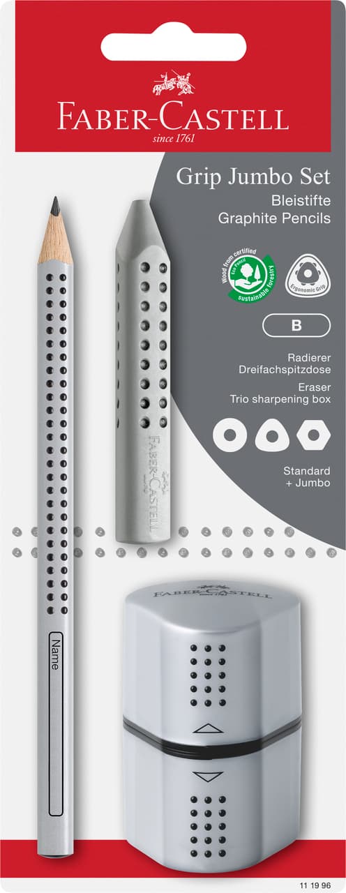 FABER-CASTELL Jumbo GRIP 3tlg.-Set Bleistift, Radierer, Spitzerdose
