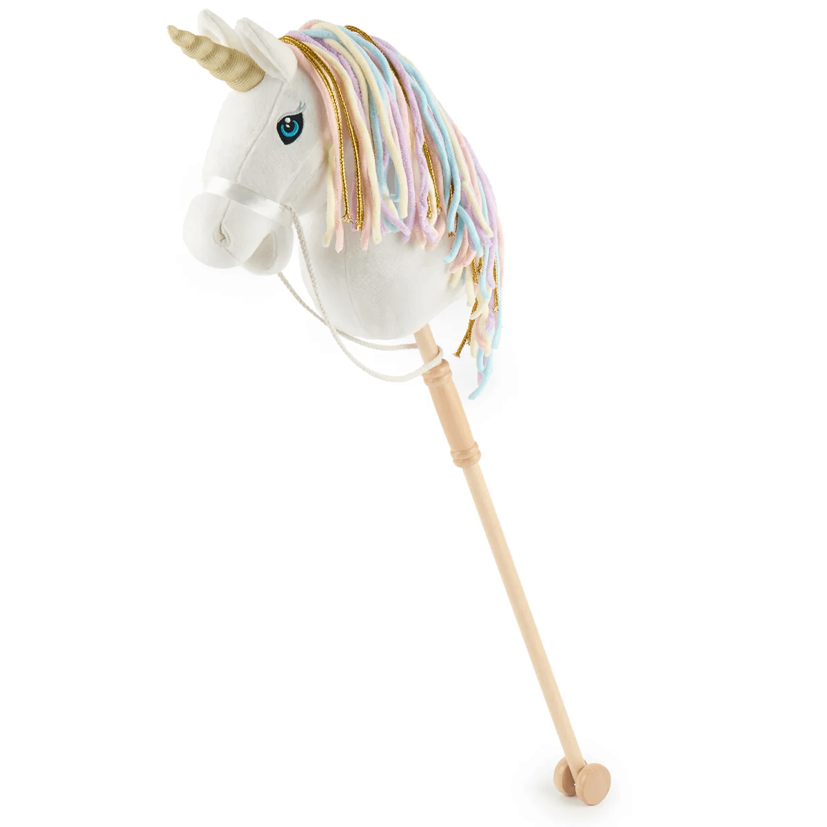 bieco Steckentier Einhorn Rainbow mit Rollen, Holzstab und frisierbarer Mähne, 100 cm