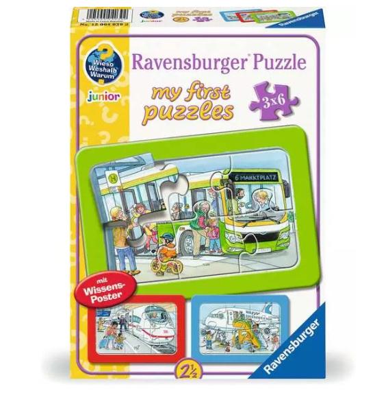 Ravensburger Kinderpuzzle - Unterwegs mit Bus, Bahn und Flugzeug my first puzzle, 3x6 Teilen, mit Wieso? Weshalb? Warum? Poster