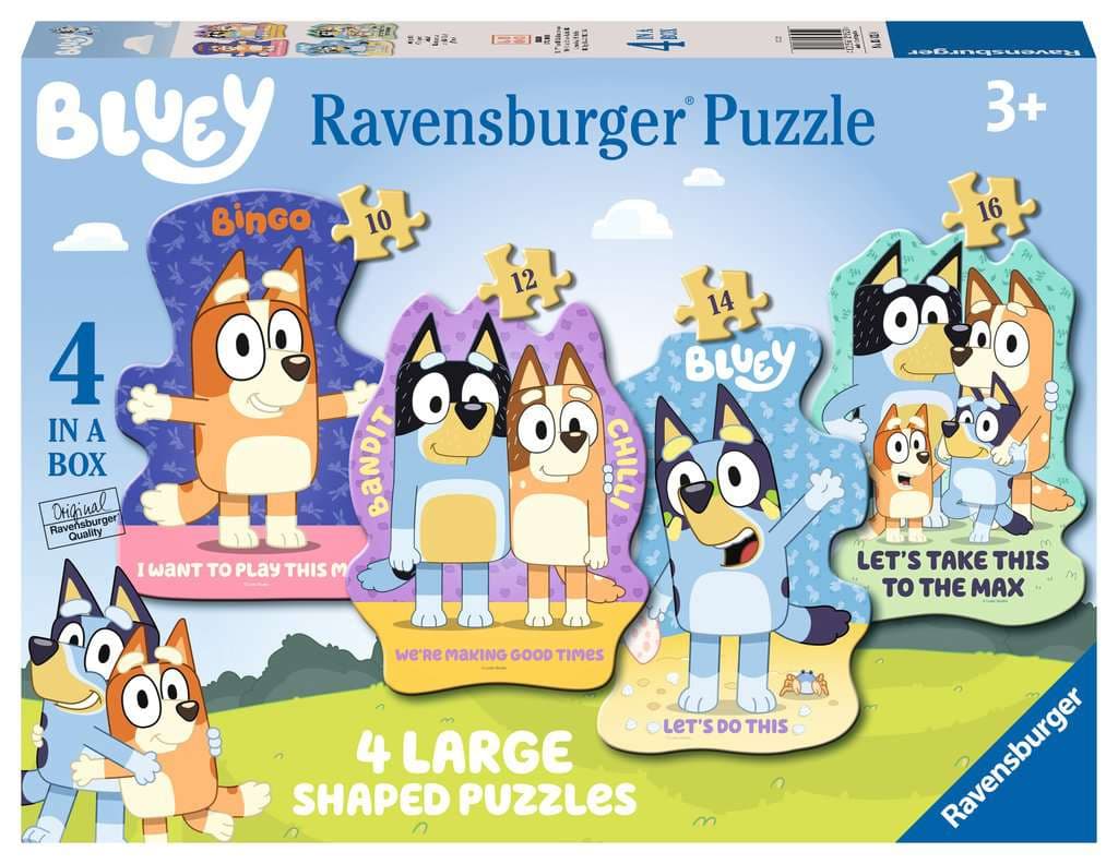 Ravensburger Kinderpuzzle 03132 - Bluey: Auf geht's! - 4 konturgeformte Puzzles mit 10, 12, 14 und 16 großen