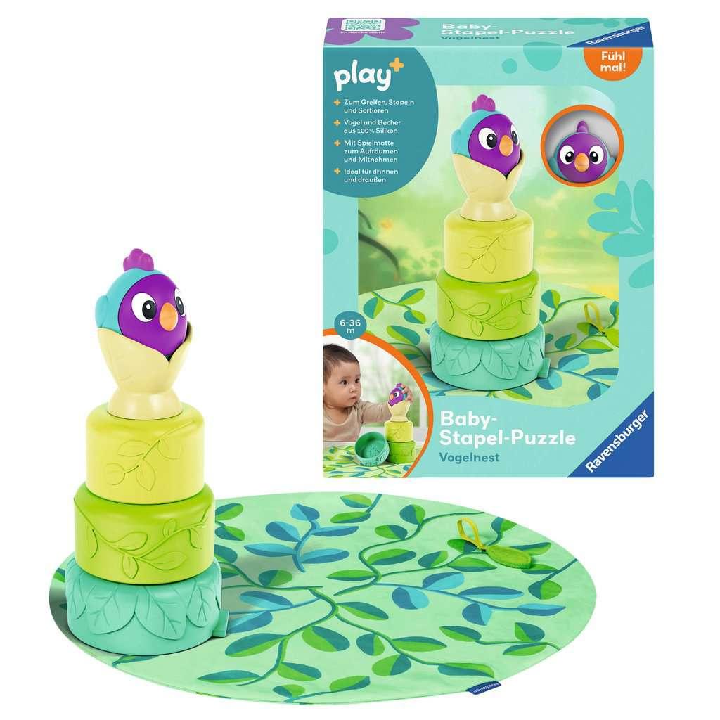 Ravensburger 4857 play+ Baby-Stapel-Puzzle: Vogelnest, Montessori-Puzzle, Silikon, Saugnapf-Spielzeug für Baby ab 6 Monaten
