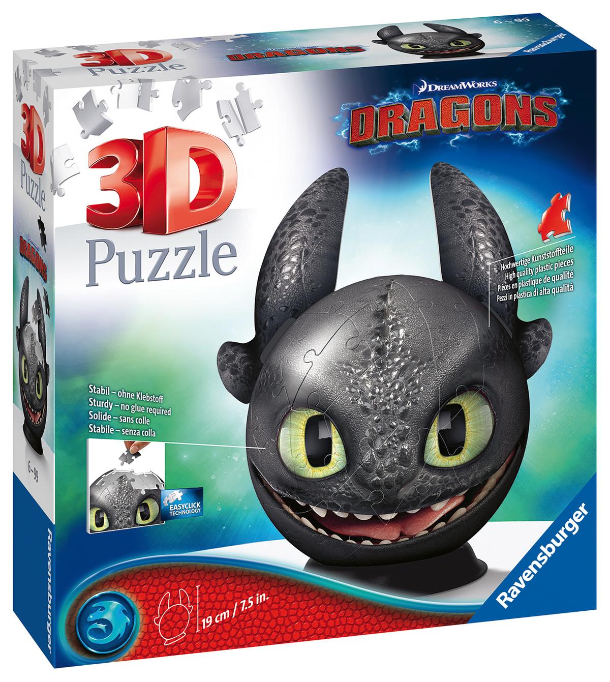 Ravensburger Puzzle - 3D Puzzle - Dragons 3 Ohnezahn mit Ohren, 72 Teile