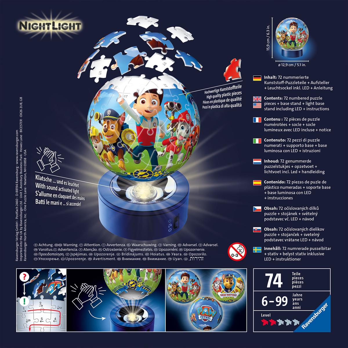 Produktbild Ravensburger Puzzle - 3D Puzzle-Ball - Nachtlicht Paw Patrol 3 von 3