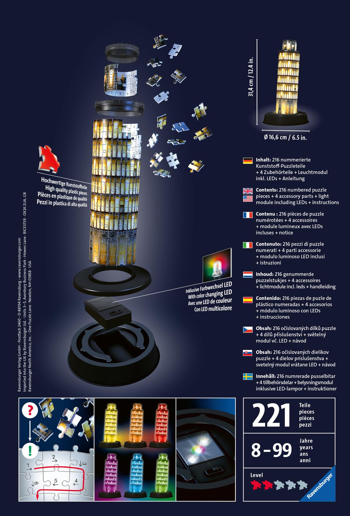 Produktbild Ravensburger Puzzle - 3D Puzzles - Schiefer Turm von Pisa bei Nacht, 216 Teile 3 von 3
