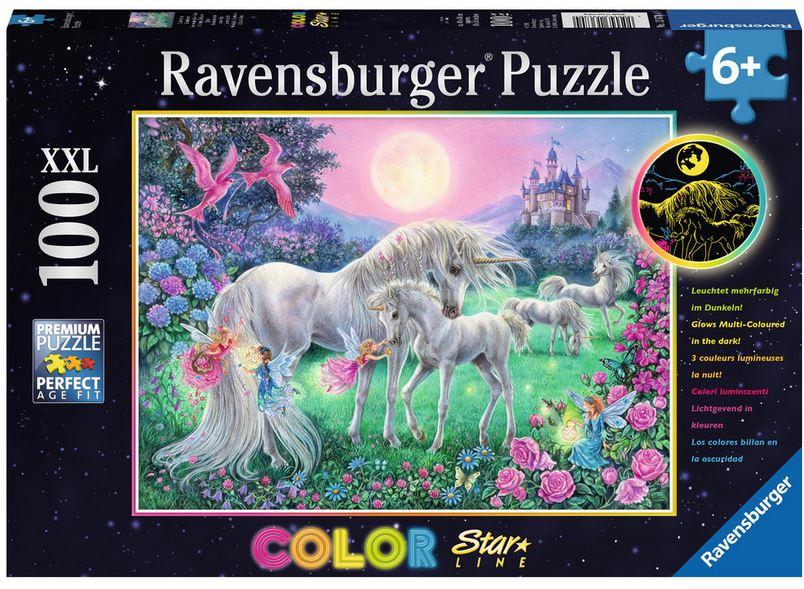 Ravensburger Puzzle - Dreifarbiges Leuchtpuzzle - Einhörner im Mondschein, 100 Teile