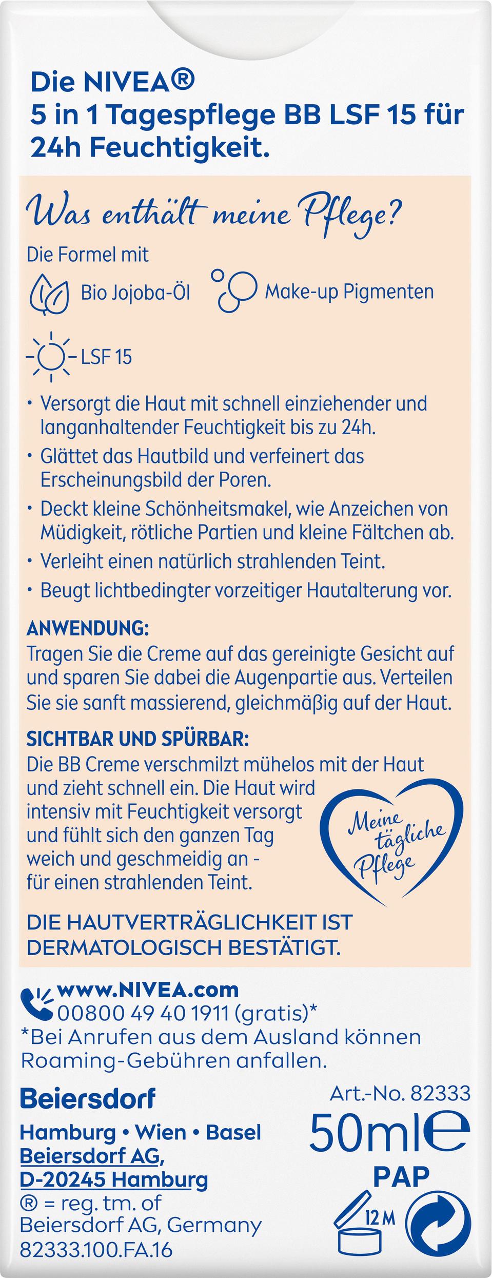 Produktbild NIVEA 5in1 BB Tagespflege 24h Feuchtigkeit Heller Hauttyp LSF15 2 von 3