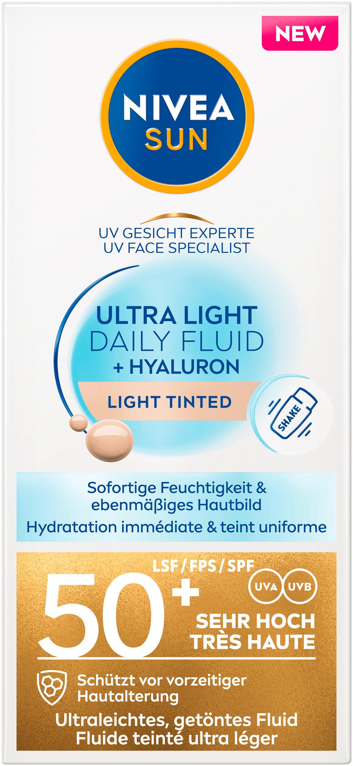 NIVEA SUN Ultra light daily fluid + Hylaluron light tinted LSF50+