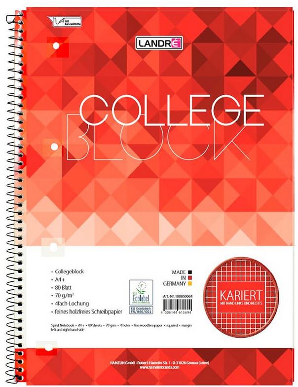 Collegeblock A4 80Blatt Lineatur 28 kariert 4fach gelocht