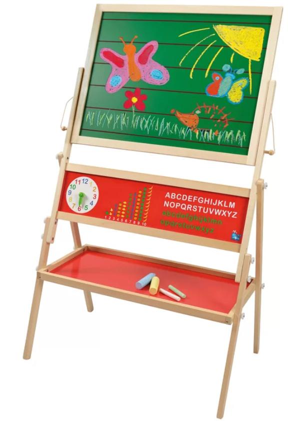 Beluga - Standtafel aus Naturholz mit Wendeblatt und Lernuhr Maße aufgebaut 66,5 x 40 x 107 cm