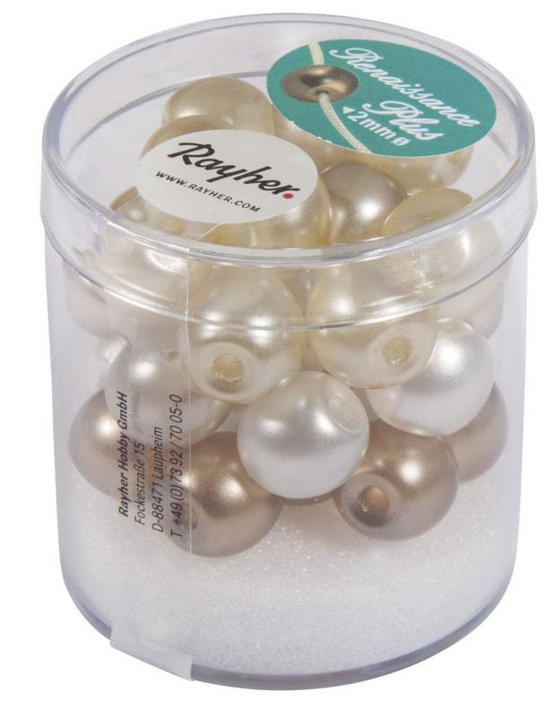 rayher RENAISSANCE GLASWACHSPERLEN 10MM MIT GROSSLOCH HALBTRANSPARENT WEISS/BEIGE MIX 32 STÜCK DOSE 14470000