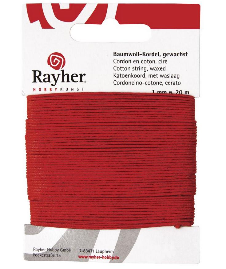 rayher BAUMWOLLKORDEL GEWACHST ROT 1MMX20M 5169118