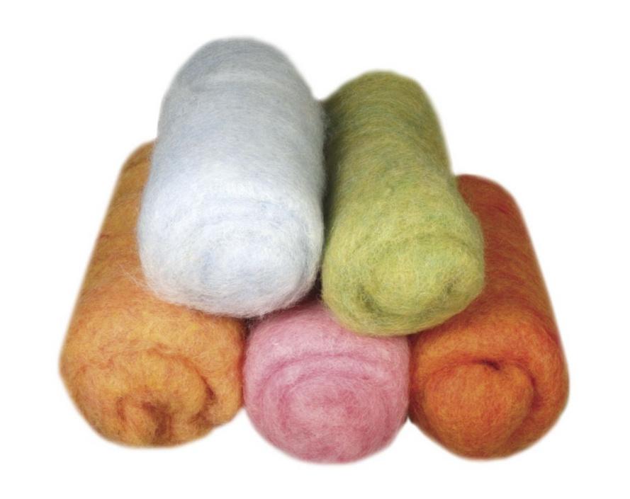rayher REINE SCHURWOLLE VLIES MELIERT 5 FARBEN JE 20G SOMMERMIX PASTELLTÖNE 5364400