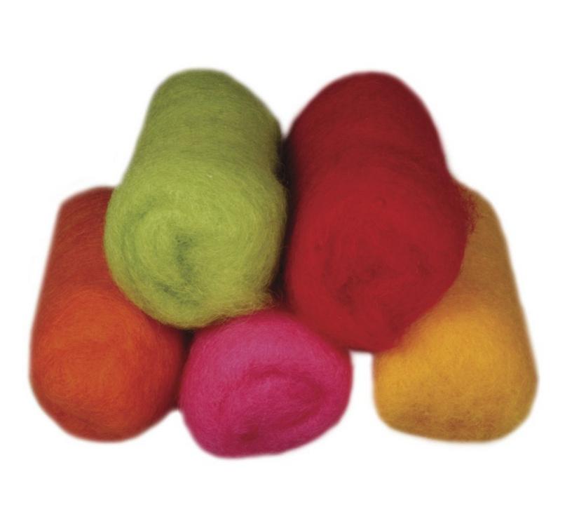 rayher REINE SCHURWOLLE VLIES, 5 FARBEN SOMMERMIX KRÄFTIGE FARBEN 5X20G 5364500