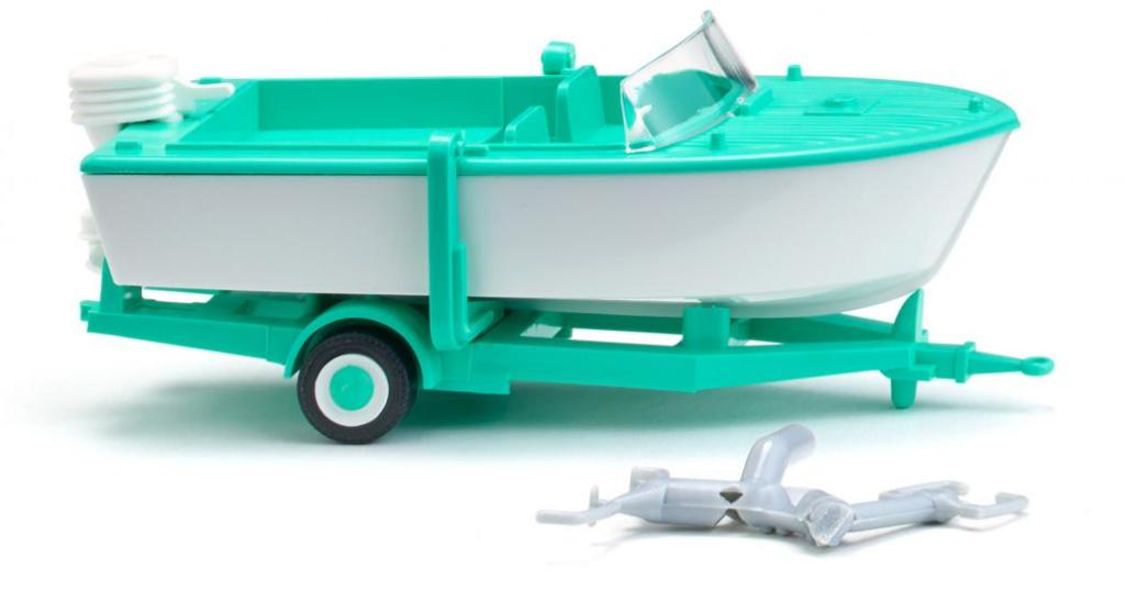 WIKING 009503 - 1:87 Motorboot auf Anhänger - signalweiß/mintgrün