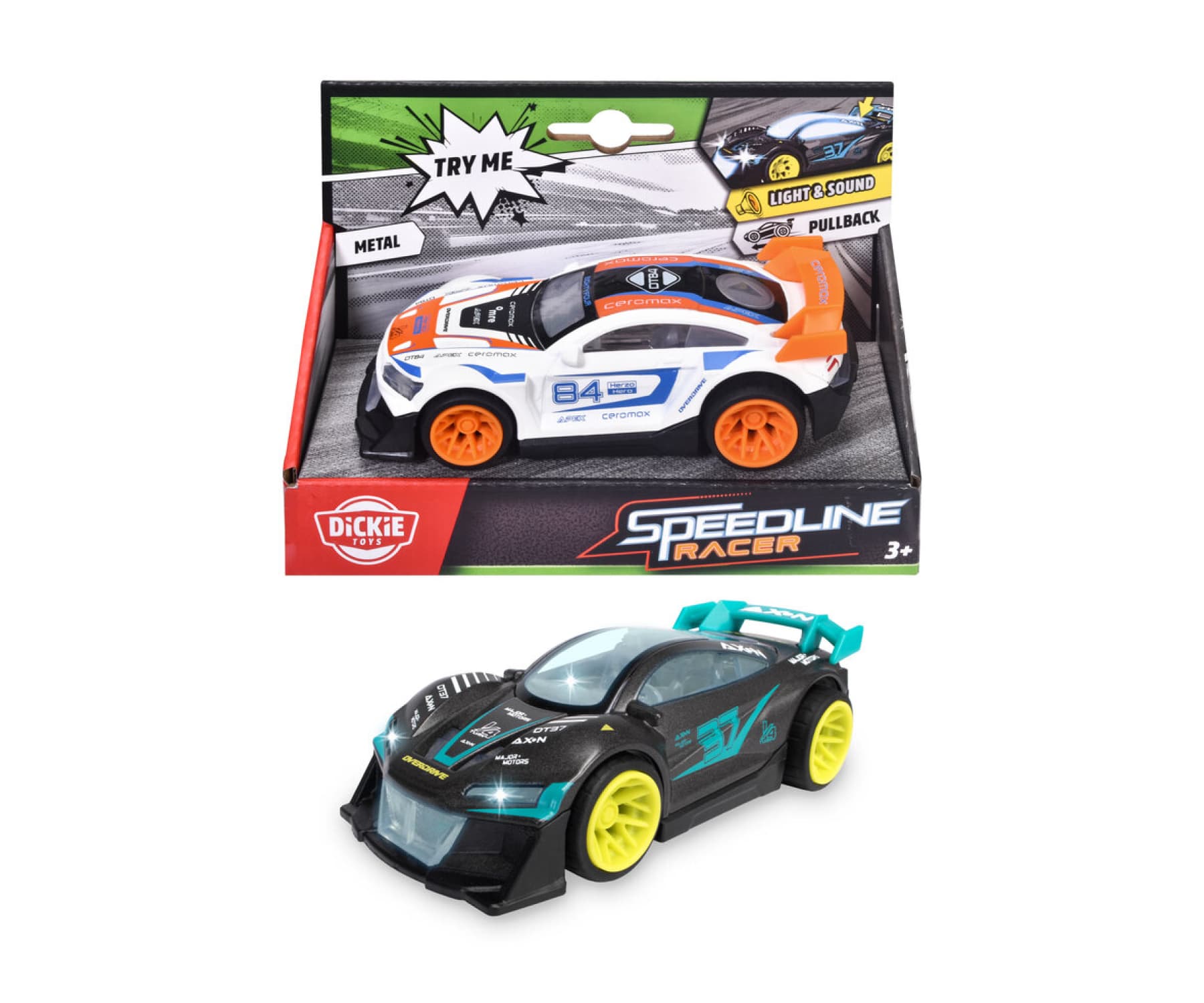 Dickie Speedline Racer Spielzeugauto 14 cm mit Rückzugmotor, Licht, Sound, Metallkarosserie und Gummireifen, 2-sort., 1 Stück