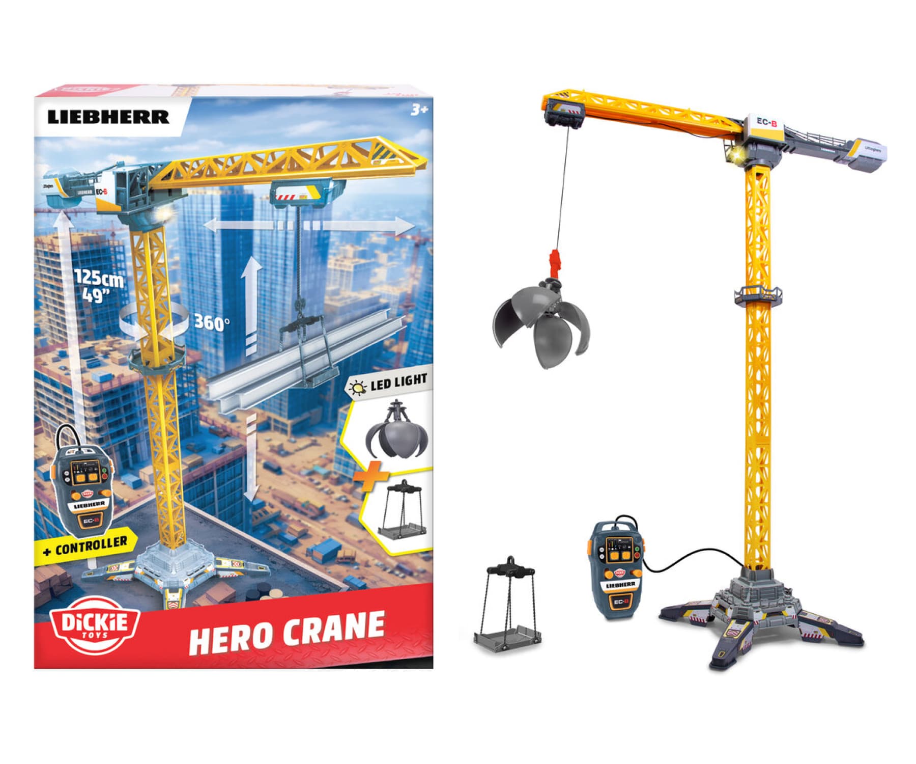Dickie Toys Liebherr Hero Crane 125 cm mit Kabel-Fernsteuerung, Licht und Greifer