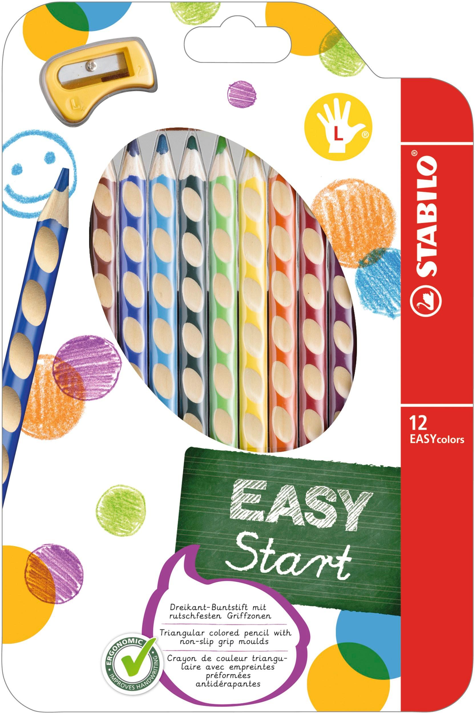 STABILO® Ergonomischer Buntstift für Linkshänder - STABILO EASYcolors - 12er Pack mit Spitzer - mit 12 verschiedenen Farben