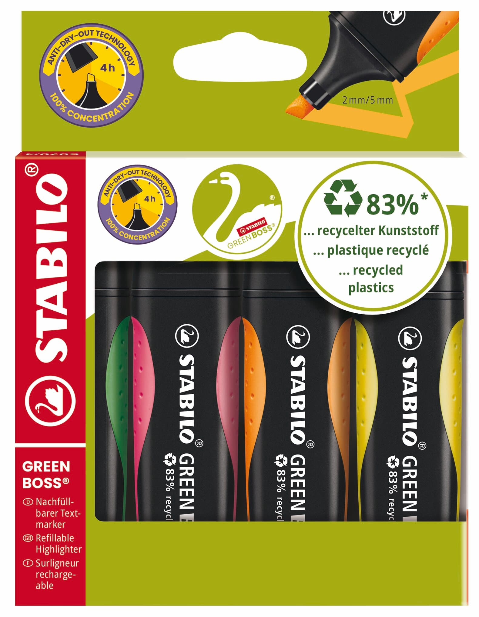 STABILO® Umweltfreundlicher Textmarker - STABILO GREEN BOSS - 4er Pack - grün, rosa, orange, gelb