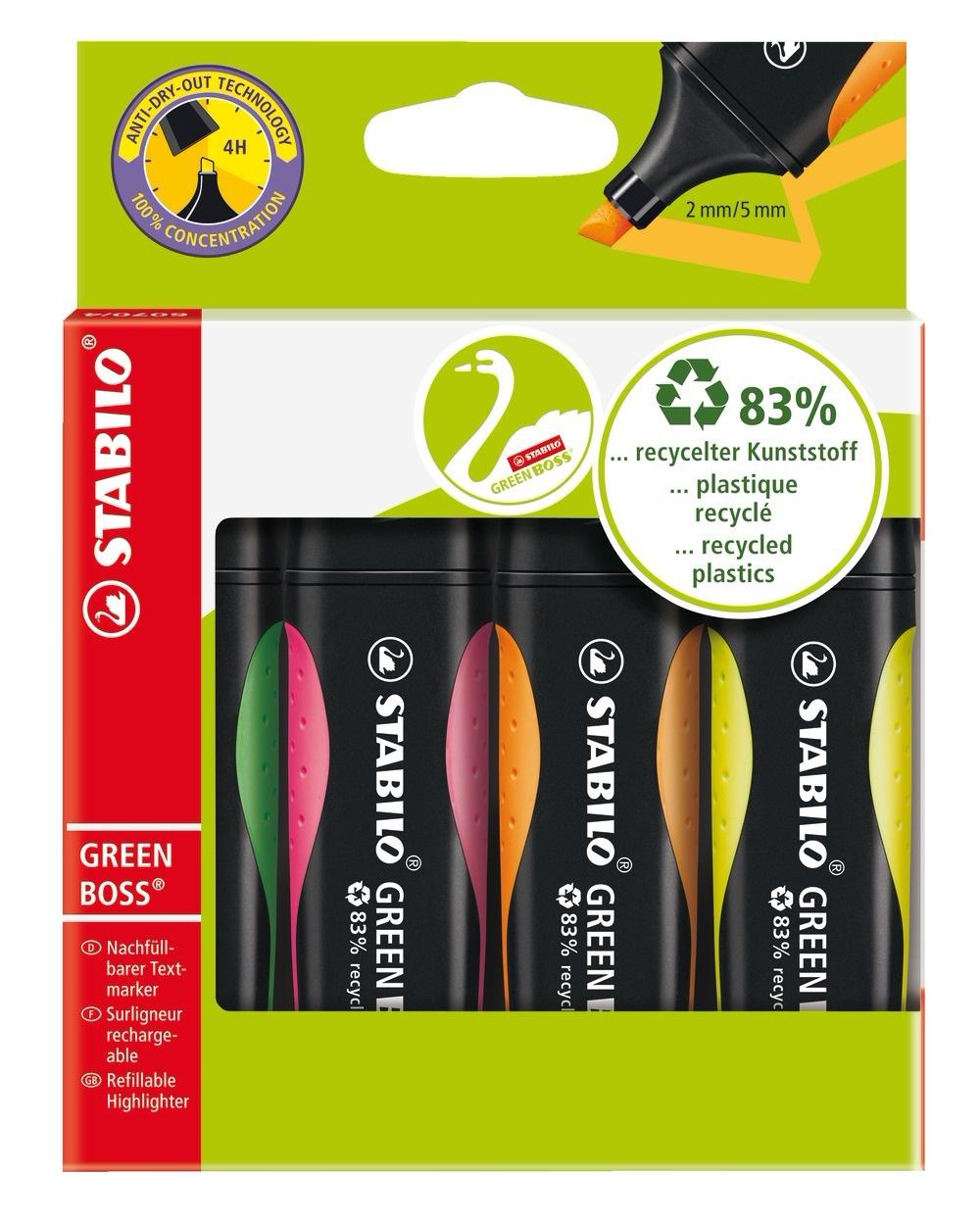 STABILO® Umweltfreundlicher Textmarker - STABILO GREEN BOSS - 4er Pack - grün, rosa, orange, gelb