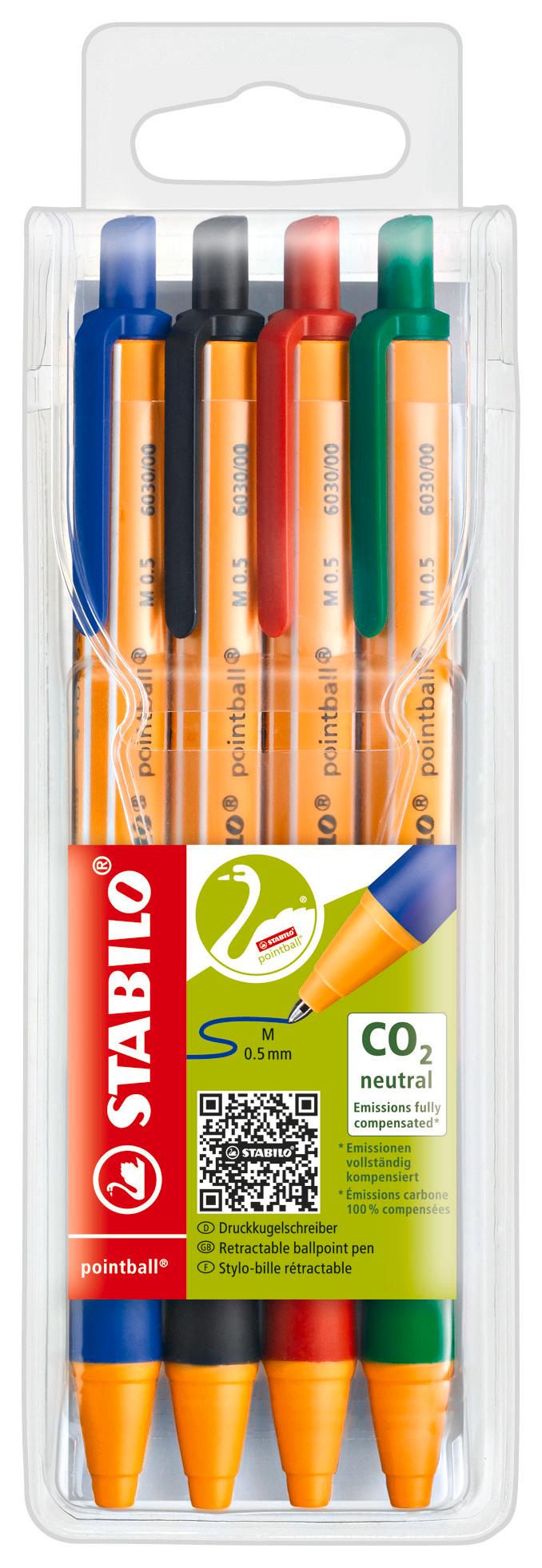 STABILO® Druck-Kugelschreiber - STABILO pointball - 4er Pack - blau, schwarz, rot, grün