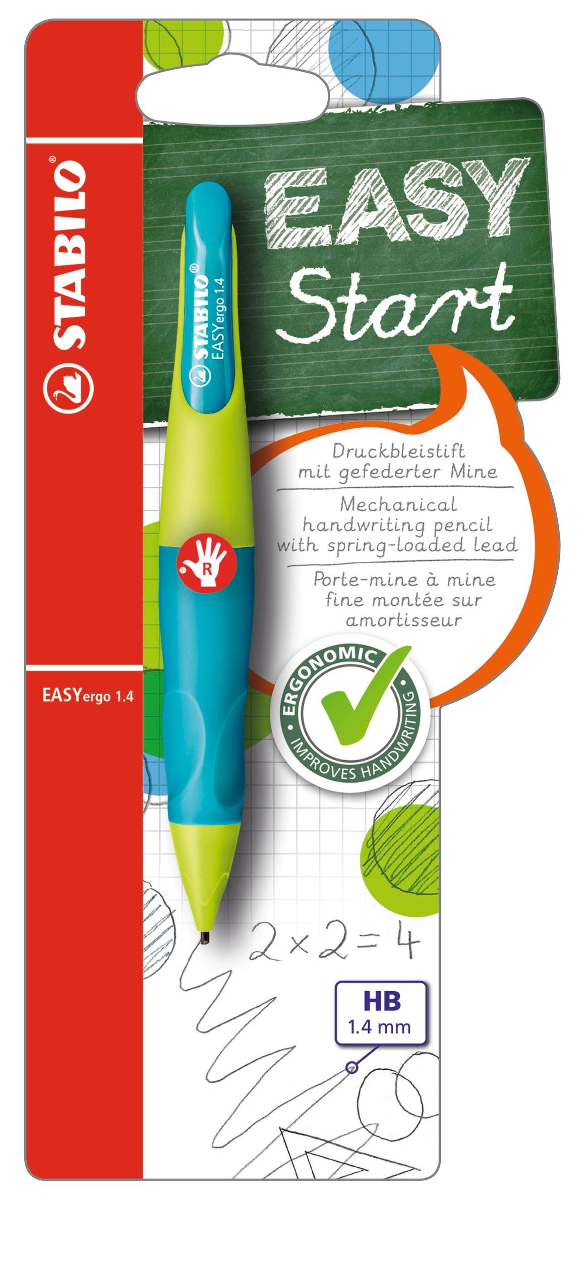 STABILO® EASYergo 1.4 Druck-Bleistift für Rechtshänder in neonlimonengrün/aquamarin inklusive 3 dünner Minen - Härtegrad HB