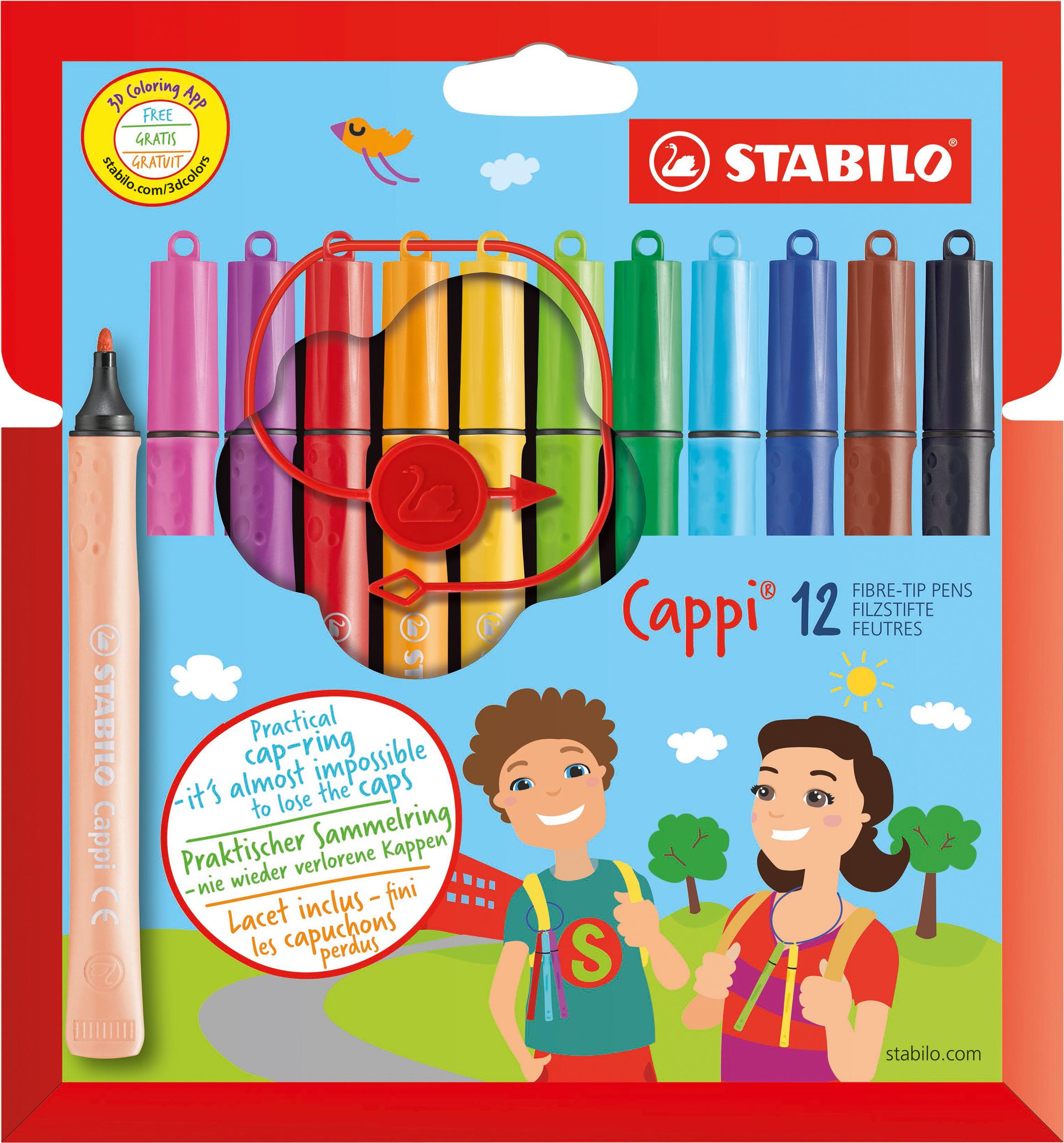 STABILO® Filzstift mit Kappenring - STABILO Cappi - 12er Pack - mit 12 verschiedenen Farben