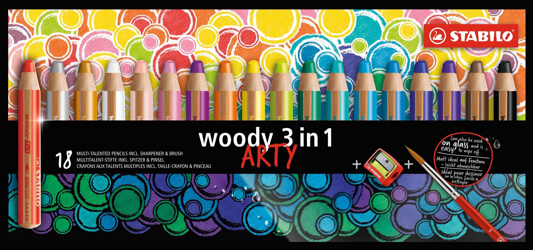 STABILO® Buntstift, Wasserfarbe&Wachsmalkreide - STABILO woody 3 in 1 - ARTY - 18er Pack mit Spitzer und Pinsel