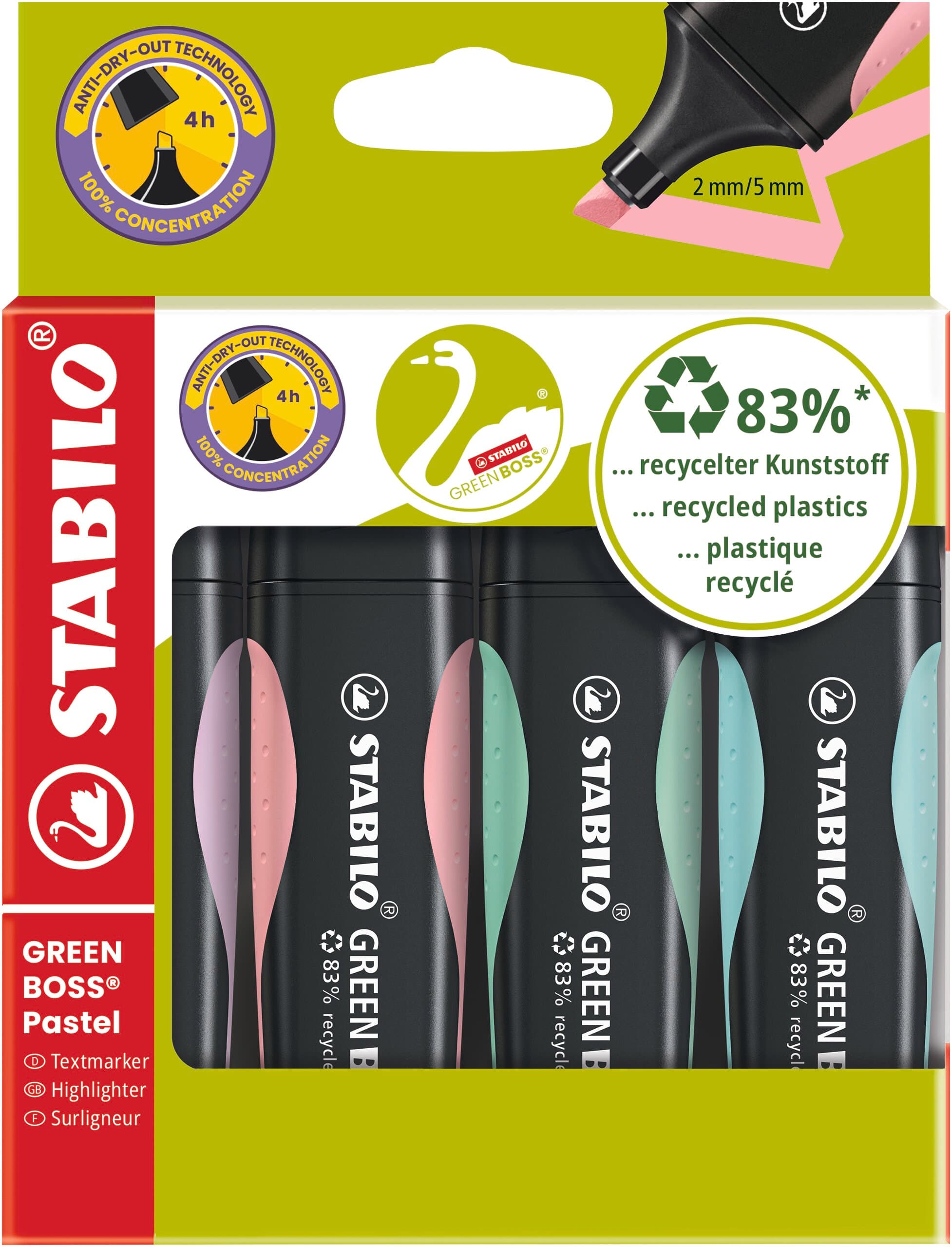Zvýrazňovače STABILO® GREEN BOSS Pastel – balenie 4 kusov – nádych mätovo zelenej, Lícenka, jemná tyrkysová a