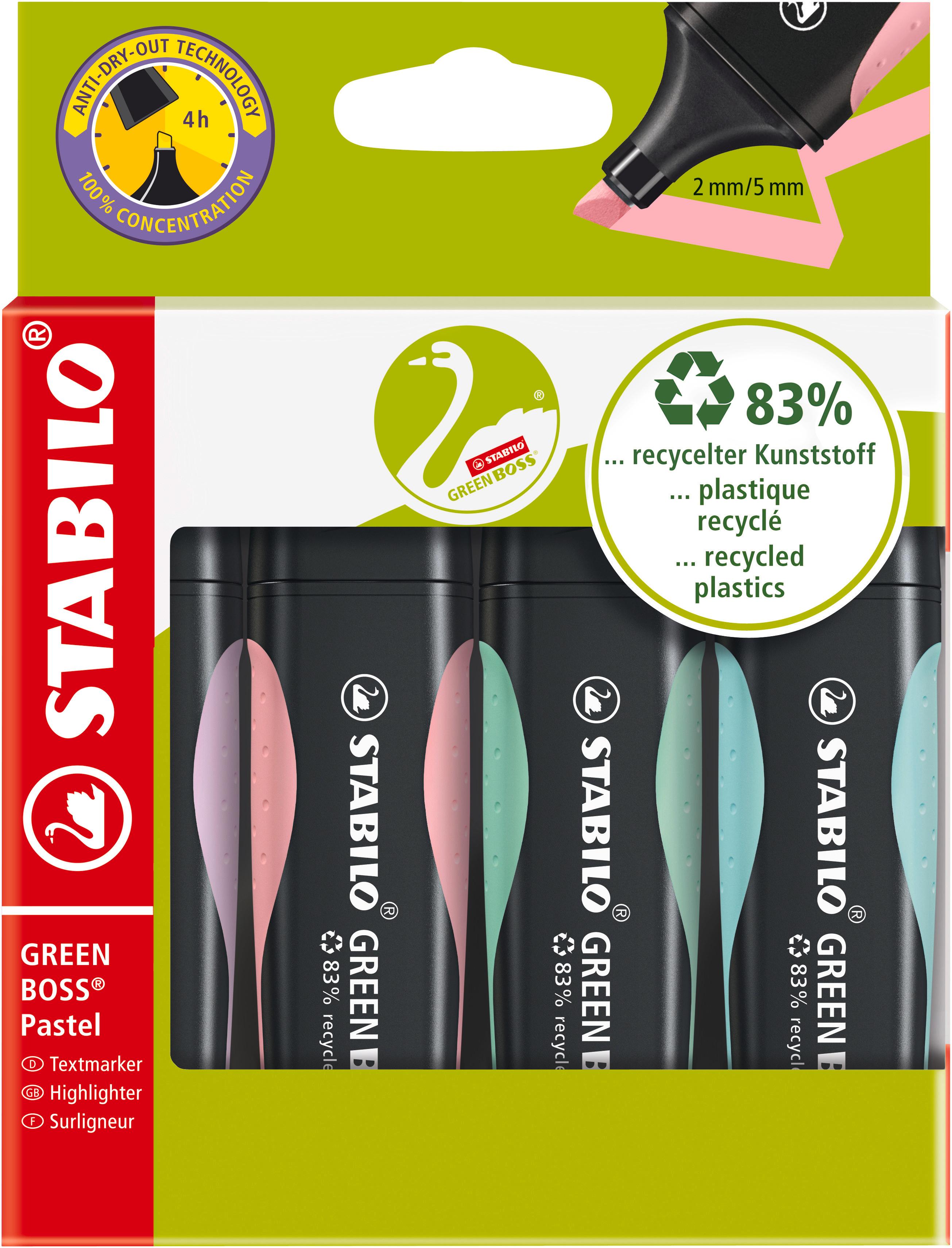 STABILO® GREEN BOSS Textmarker Pastel - 4er Pack - Hauch von Minzgrün, rosiges Rouge, zartes Türkis und Schimmer von Lila