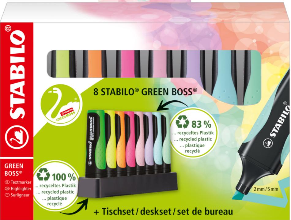 STABILO® GREEN BOSS Textmarker 8er Tischset - mit jeweils 4 verschiedenen Pastell- und Leuchtfarben