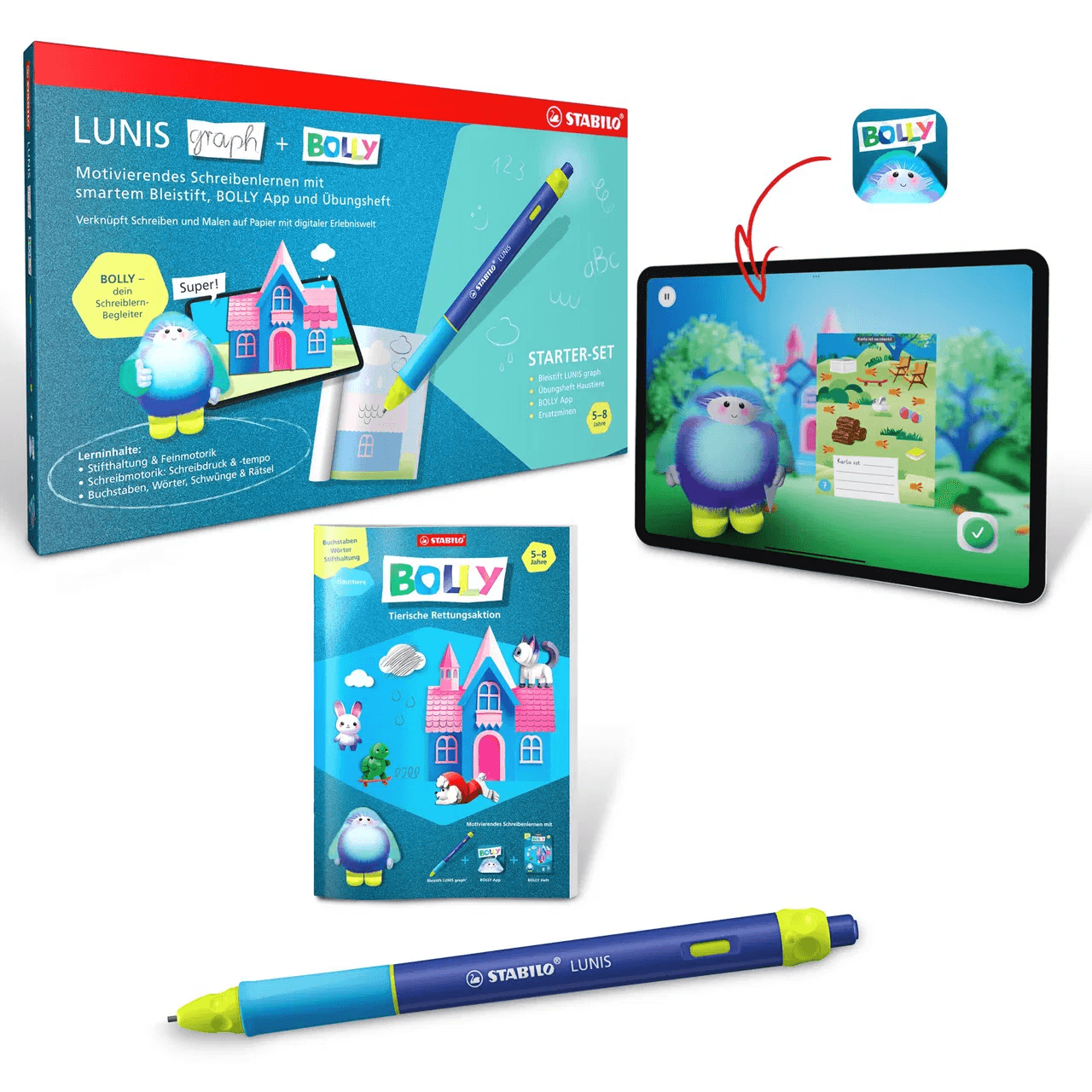 STABILO BOLLY & LUNIS graph Starter-Set smarter Schreiblern-Bleistift mit App und Übungsheft Haustiere