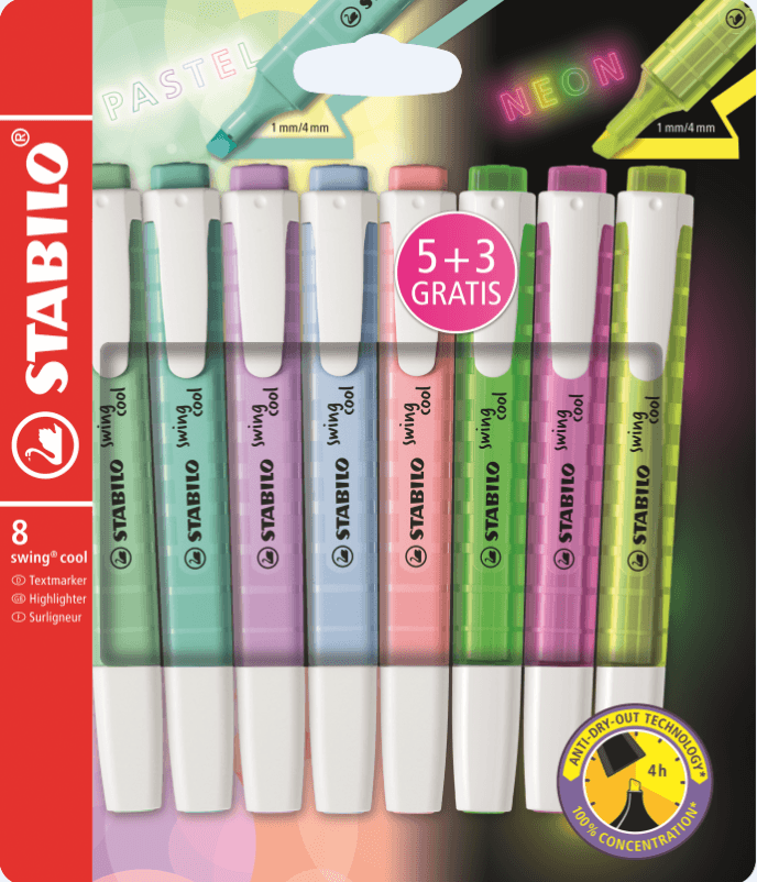 STABILO swing cool Textmarker  - 8er Pack - 3 Leuchtfarben & 5 Pastellfarben
