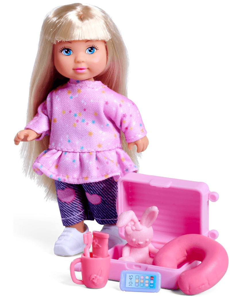 Simba Evi Love Travel Fun – Bewegliche Puppe mit Koffer und Zubehör, 12 cm