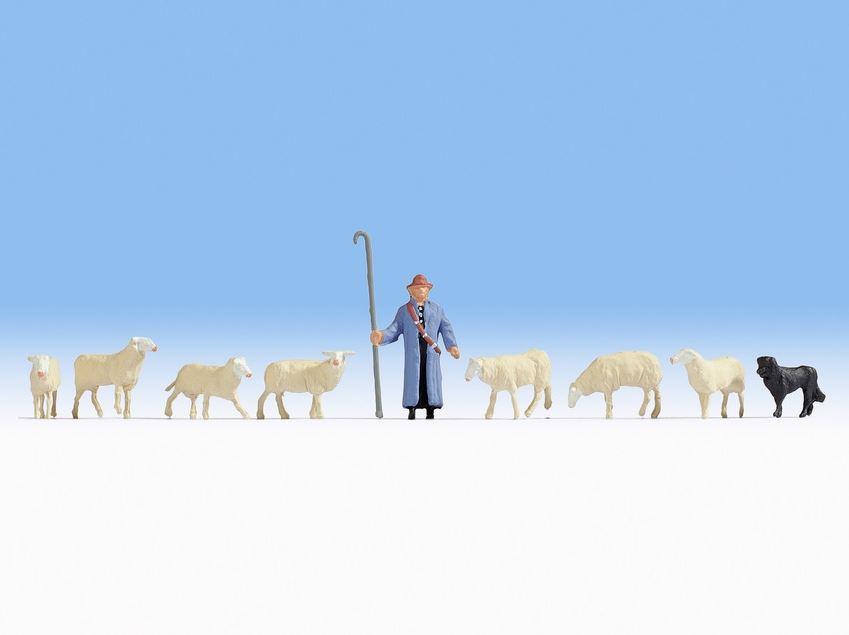 NOCH 15748 H0 FIGUREN - H0 - Schafe und Schäfer, 1 Schäfer + 1 Hund + 7 Schafe