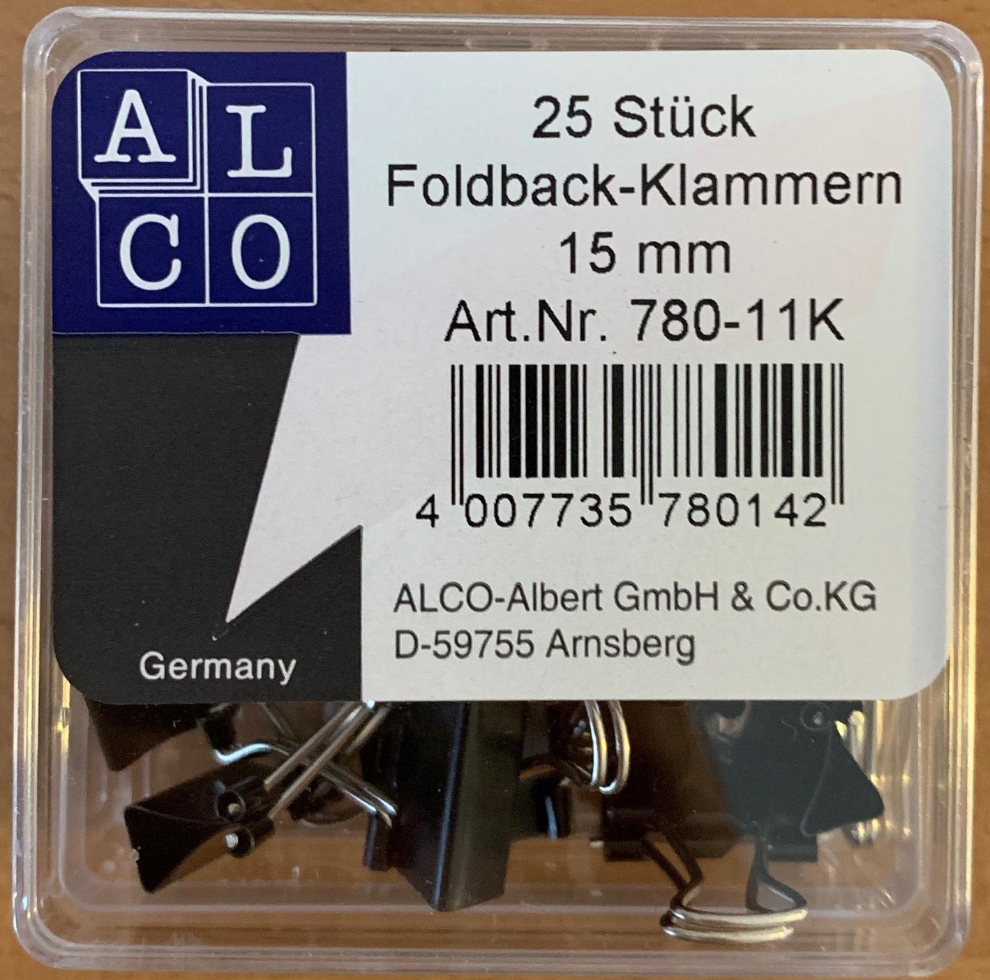 ALCO Fold-Back-Klammern 25 Stück 15mm schwarz