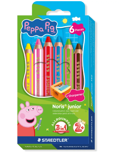 STAEDTLER Noris junior Peppa Pig 3-in-1 Kindermalstifte Set mit 6 Farben und Spitzer