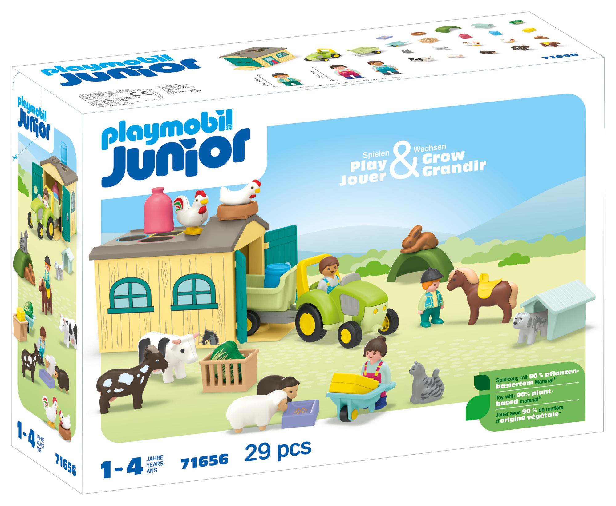PLAYMOBIL 71656 JUNIOR 1.2.3: Bauernhof-Abenteuer mit Traktor, Anhänger und tierischen Freunden