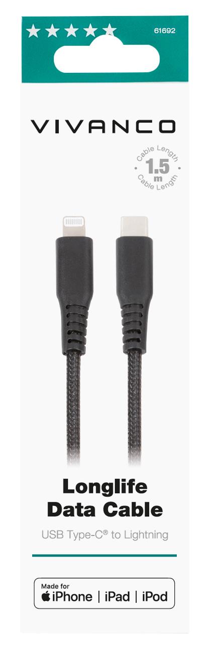 Vivanco LongLife Charging Cable, Lightning auf USB-Type-C™ Daten- u. Ladekabel, 1,5m