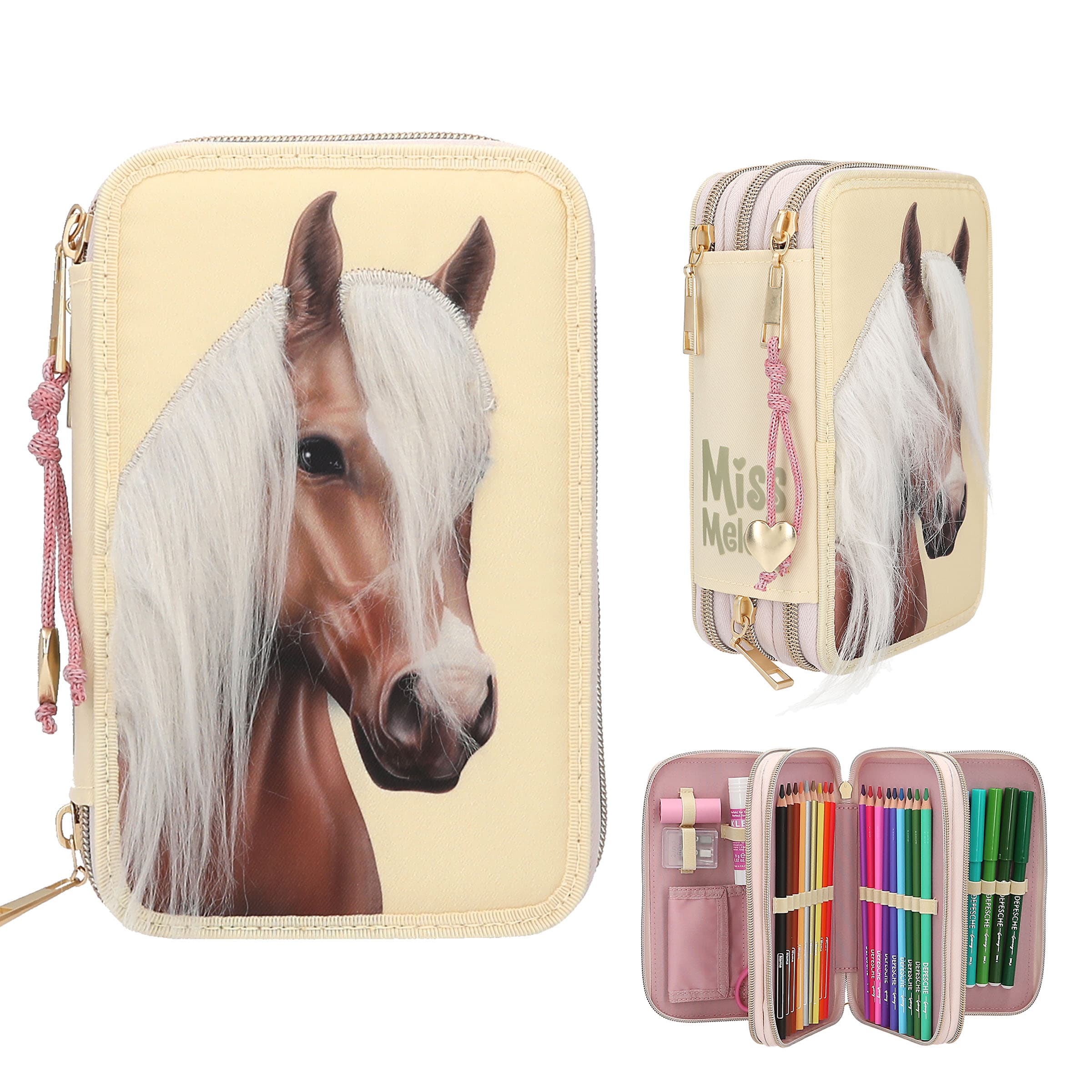 Miss Melody 3 Fach Federtasche mit Pferdekopf Applikation