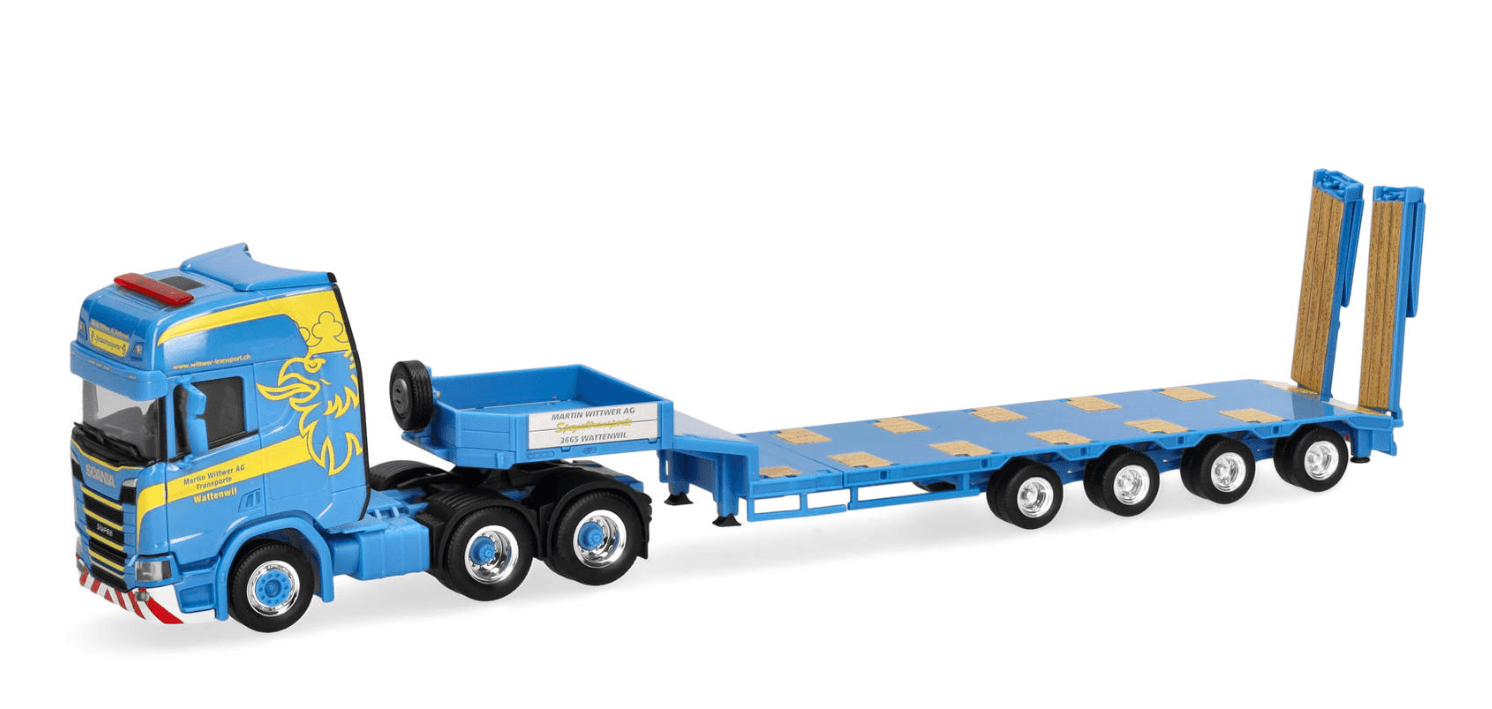 Herpa 318884 1:87 Scania CR 20 HD Semitieflade-Sattelzug mit Rampen "Martin Wittwer Wattenwil"
