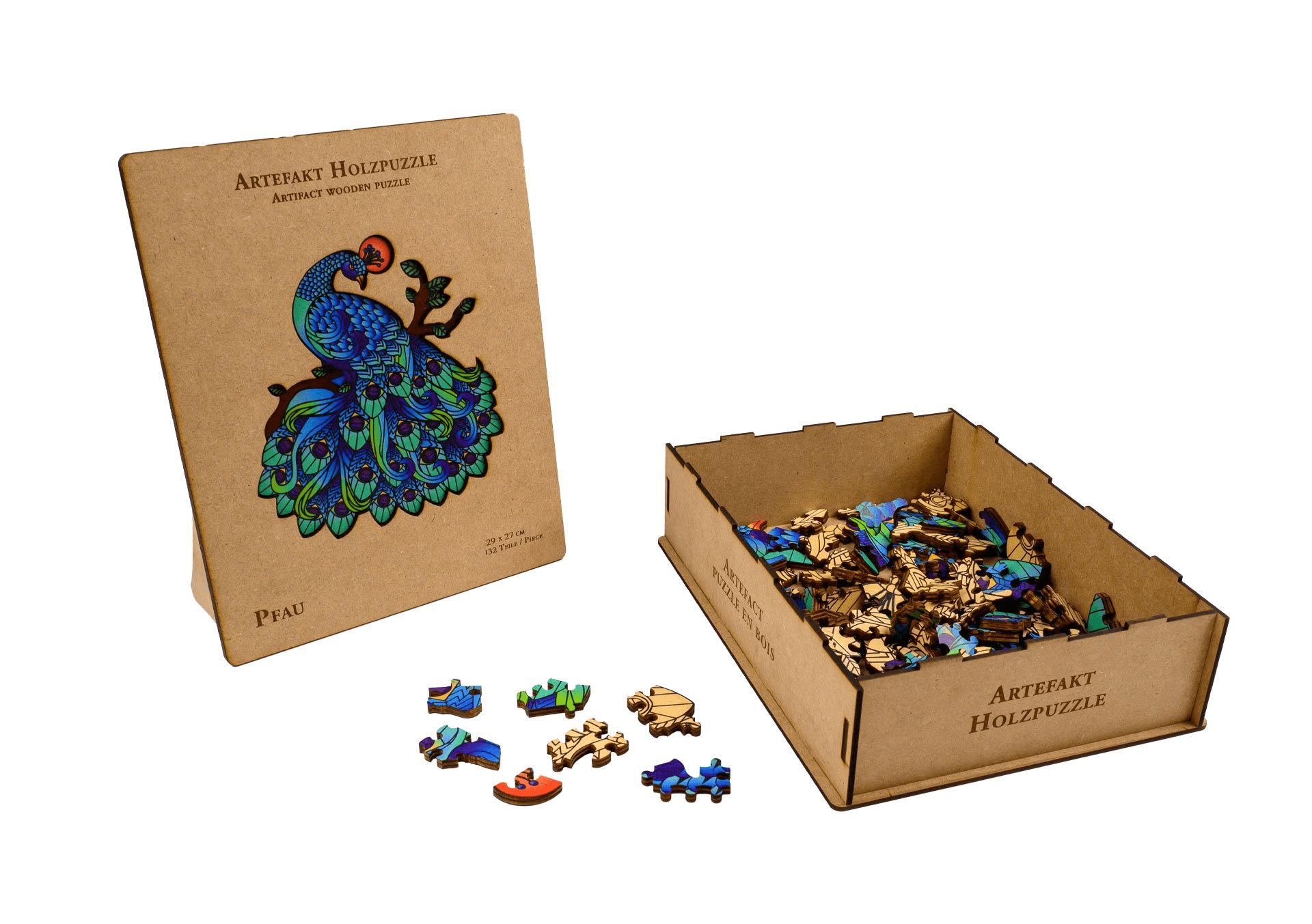 Philos-Spiele Artefakt Holzpuzzle 2 in 1 Pfau, 132 Teile, in Holzbox