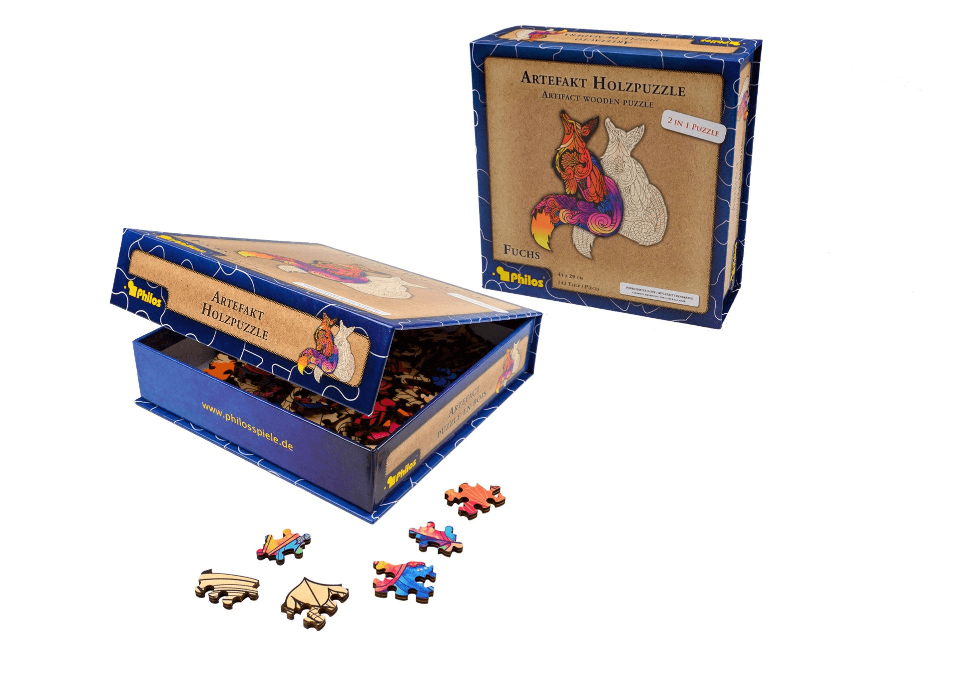 Philos-Spiele Artefakt Holzpuzzle 2 in 1 Fuchs, 143 Teile, in magnetischer Klappschachtel